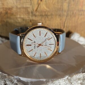 Silver and Gold Quartz Watch with Blue Leather Strap